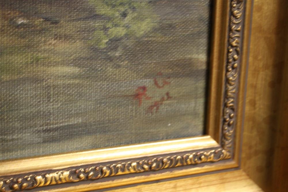 A LARGE GILT FRAMED OIL ON CANVAS DEPICTING A WOODLAND RIVER LANDSCAPE INITIALLED R G LOWER RIGHT - Image 3 of 3