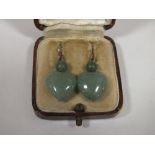 A PAIR OF VINTAGE JADE LOVE HEART SHAPED EARRINGS