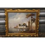 A SMALL GILT FRAMED CONTINENTAL OIL ON BOARD DEPICTING A COASTAL VILLAGE SCENE