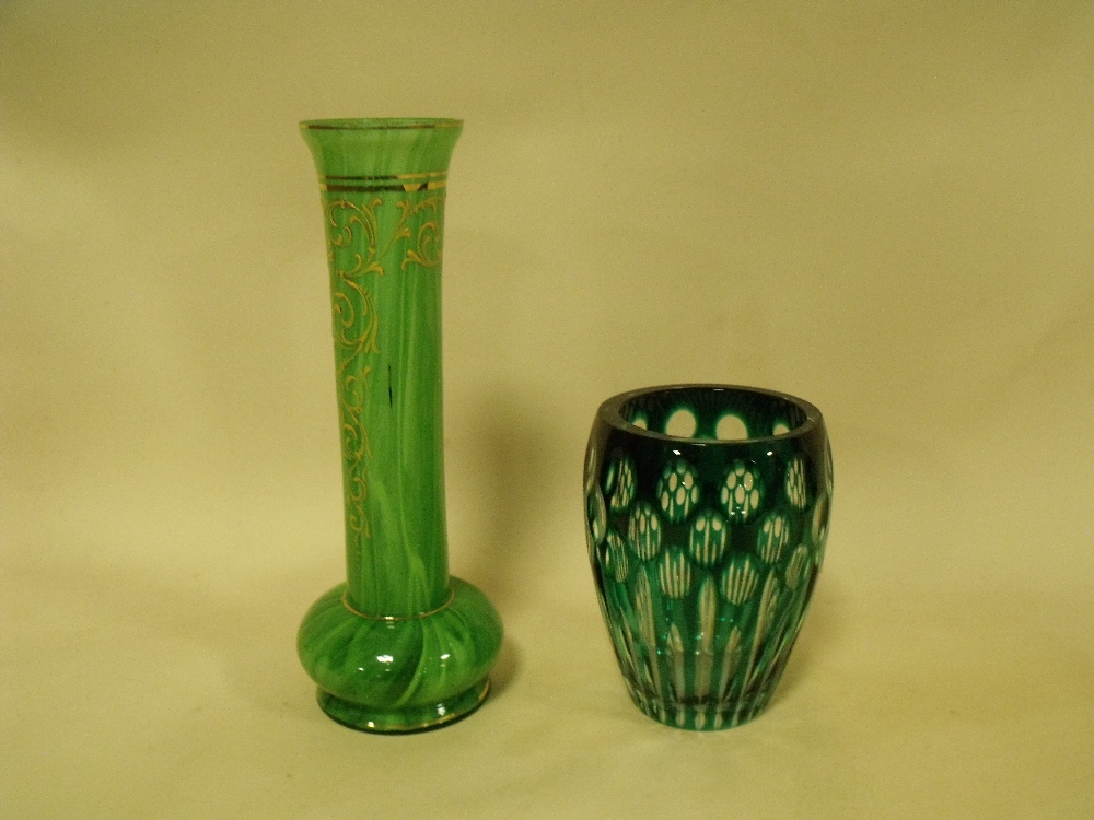 A LOETZ STYLE GREEN AND GOLD GLASS VASE TOGETHER WITH A BOHEMIAN GREEN GLASS VASE - Image 2 of 3