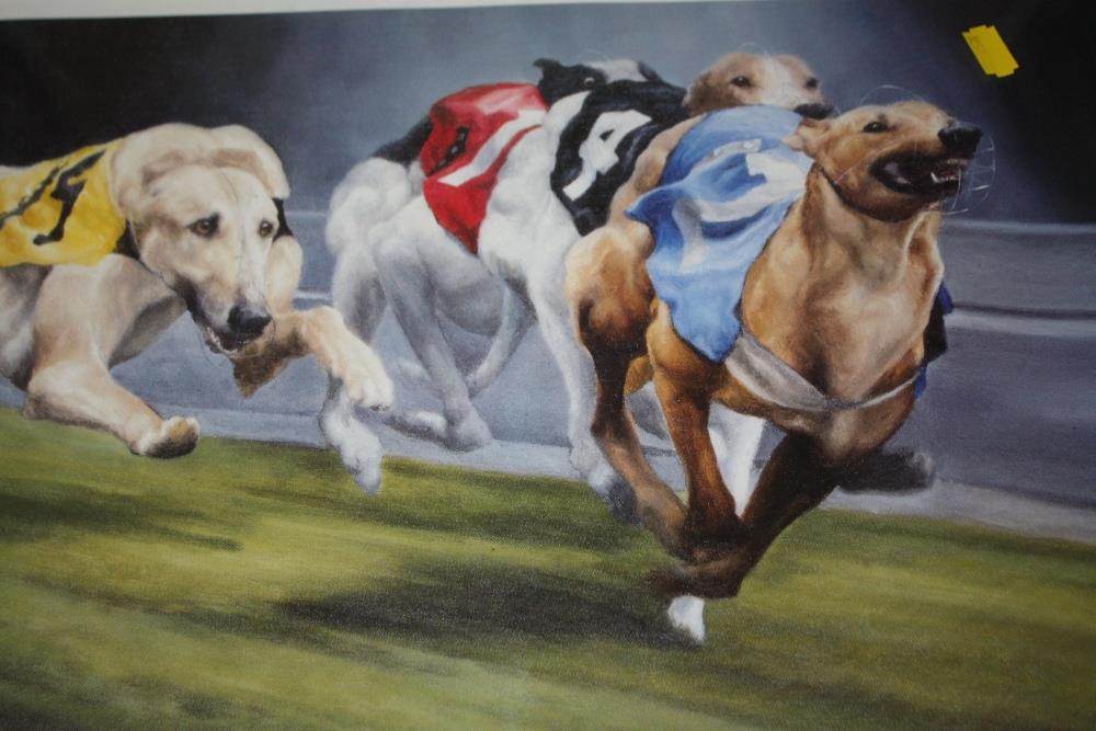 A SET OF FOUR FRAMED AND GLAZED SIGNED DOG RACING INTEREST PRINTS BY DAVID FRENCH OVERALL SIZE - Image 3 of 6