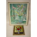 TWO FRAMED FLORAL STILL LIFE OIL ON BOARDS ONE SIGNED B LLOYD 1985 LARGEST - 56CM X 44CM