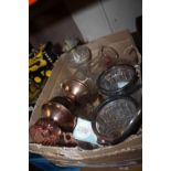 A SMALL TRAY OF GLASSWARE TO INCLUDE OIL LAMPS, A PAIR OF SILVER PLATED CRYSTAL BUCKETS ETC.