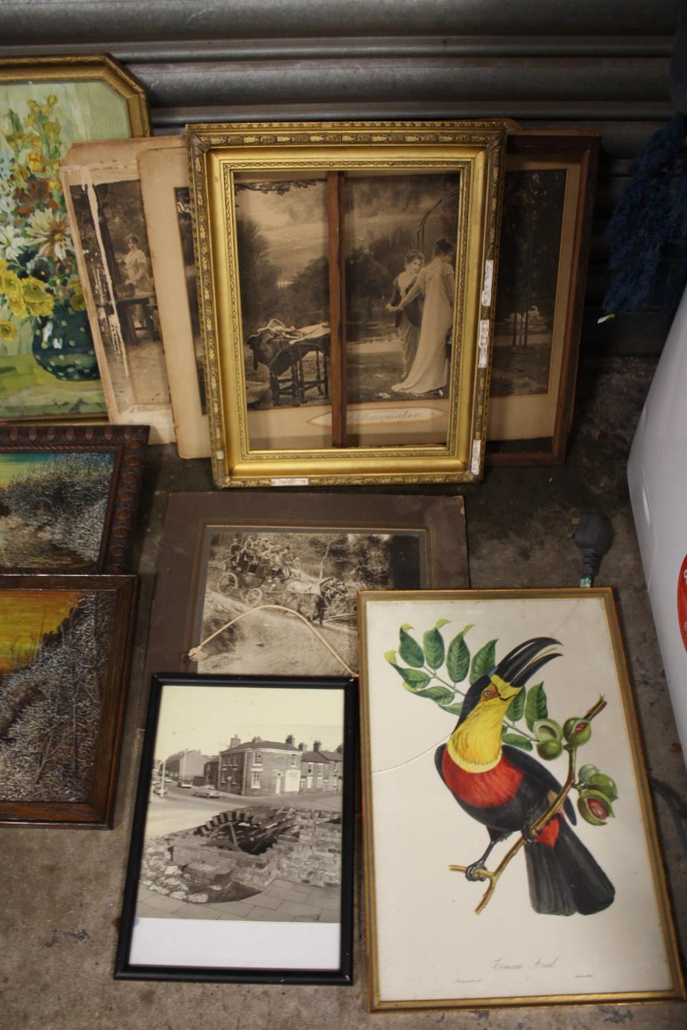 A BOX OF ASSORTED PICTURES TO INCLUDE OIL PAINTINGS, PRINTS, FRAMES, ETC. - Image 2 of 3