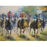 A FRAMED OIL ON CANVAS DEPICTING A HORSE RACING SCENE SIGNED J DANNY LOWER RIGHT SIZE - 60CM X 50CM