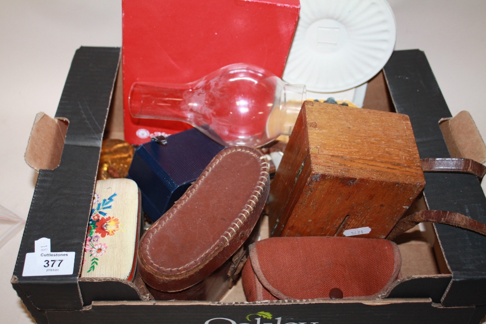 A BOX OF COLLECTABLES TO INCLUDE MAPPIN & WEBB BINOCULARS, WRISTWATCHES, BRASS WEIGHTS ETC