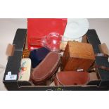 A BOX OF COLLECTABLES TO INCLUDE MAPPIN & WEBB BINOCULARS, WRISTWATCHES, BRASS WEIGHTS ETC