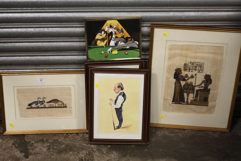 A COLLECTION OF PICTURES AND PRINTS TO INCLUDE FIVE FRAMED AND GLAZED SNOOKER CHARACTER PRINTS