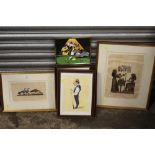 A COLLECTION OF PICTURES AND PRINTS TO INCLUDE FIVE FRAMED AND GLAZED SNOOKER CHARACTER PRINTS