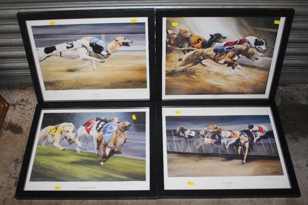 A SET OF FOUR FRAMED AND GLAZED SIGNED DOG RACING INTEREST PRINTS BY DAVID FRENCH OVERALL SIZE