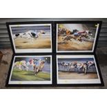 A SET OF FOUR FRAMED AND GLAZED SIGNED DOG RACING INTEREST PRINTS BY DAVID FRENCH OVERALL SIZE