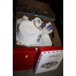 TWO BOXES OF CHURCHILL CHINA AND GLASSWARE TOGETHER WITH BOXED AYNSLEY CAKE STAND