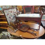 A VINTAGE OAK FRAMED FIRESCREEN INLAID FOLDING TABLE, A SMALL MAGAZINE RACK AND DUET PIANO STOOL (
