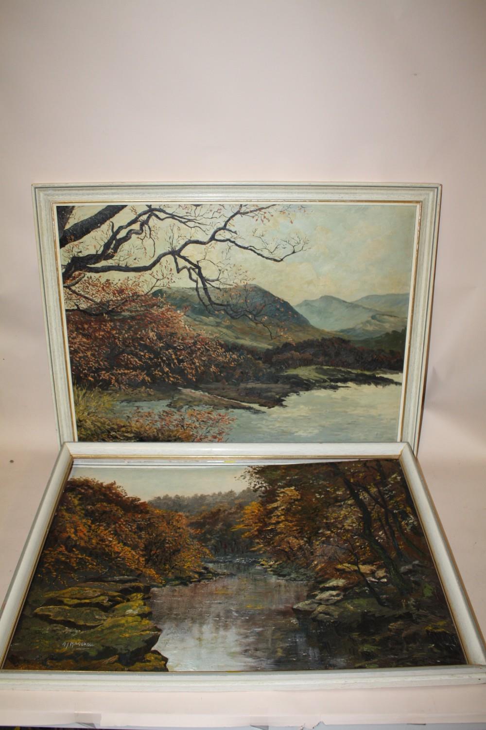 TWO FRAMED OIL ON BOARDS DEPICTING WOODED RIVER LANDSCAPES