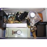 A BOX OF ASSORTED WRISTWATCHES TO INCLUDE A WATERFORD CRYSTAL DESK CLOCK