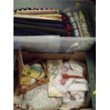 A QUANTITY OF VINTAGE TEXTILES TO INCLUDE ORIENTAL EXAMPLES, TOGETHER WITH A BOX OF UPHOLSTERY AND