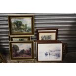 A BOX OF ASSORTED PRINTS TO INCLUDE GILT FRAMED EXAMPLES