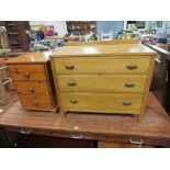 A LIGHT OAK 3 DRAWER CHEST AND A PINE BEDSIDE CHEST (3)