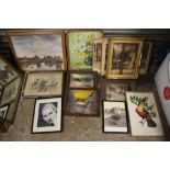 A BOX OF ASSORTED PICTURES TO INCLUDE OIL PAINTINGS, PRINTS, FRAMES, ETC.