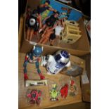 A BOX OF VINTAGE AND MODERN TOYS TO INCLUDE ACTION MAN, DIE CAST TOYS CARS ETC.