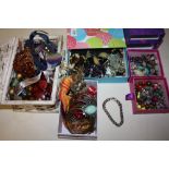 FOUR SMALL BOXES OF COSTUME JEWELLERY TO INCLUDE A SILVER BRACELET
