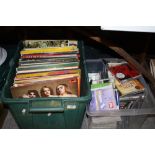 A BOX OF LP RECORDS TO INCLUDE SLADE, TOM JONES ETC, TOGETHER WITH A BOX OF CDS