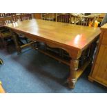 A LARGE OAK REFECTORY STYLE DINING TABLE - MINUS DRAW LEAVES H-76 CM W-90 CM L- 200 CM