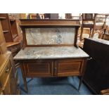 AN EDWARDIAN MAHOGANY INLAID MARBLE TOPPED WASHSTAND H-128 W-122 CM