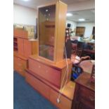 A LOW TEAK RETRO ENTERTAINMENT UNIT H-46 W-153 CM, ANOTHER TEAK LOW CABINET, GLAZED WALL CABINET,