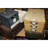 A METAL AMMO CRATE TOGETHER WITH OTHER VINTAGE BOXES ETC.