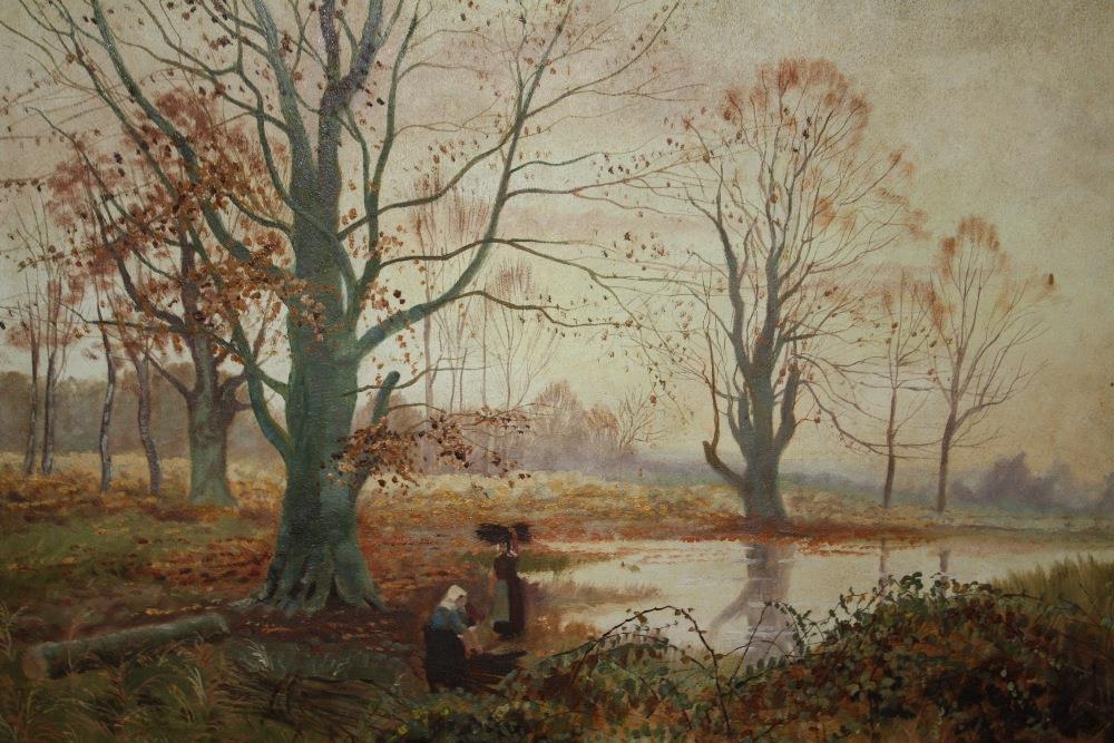 AN UNFRAMED 19TH CENTURY OIL ON CANVAS DEPICTING WOOD GATHERERS BESIDE A LAKE