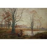 AN UNFRAMED 19TH CENTURY OIL ON CANVAS DEPICTING WOOD GATHERERS BESIDE A LAKE