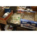 TWO TRAYS OF ASSORTED GLASSWARE TOGETHER WITH A BOX OF CERAMICS ETC.