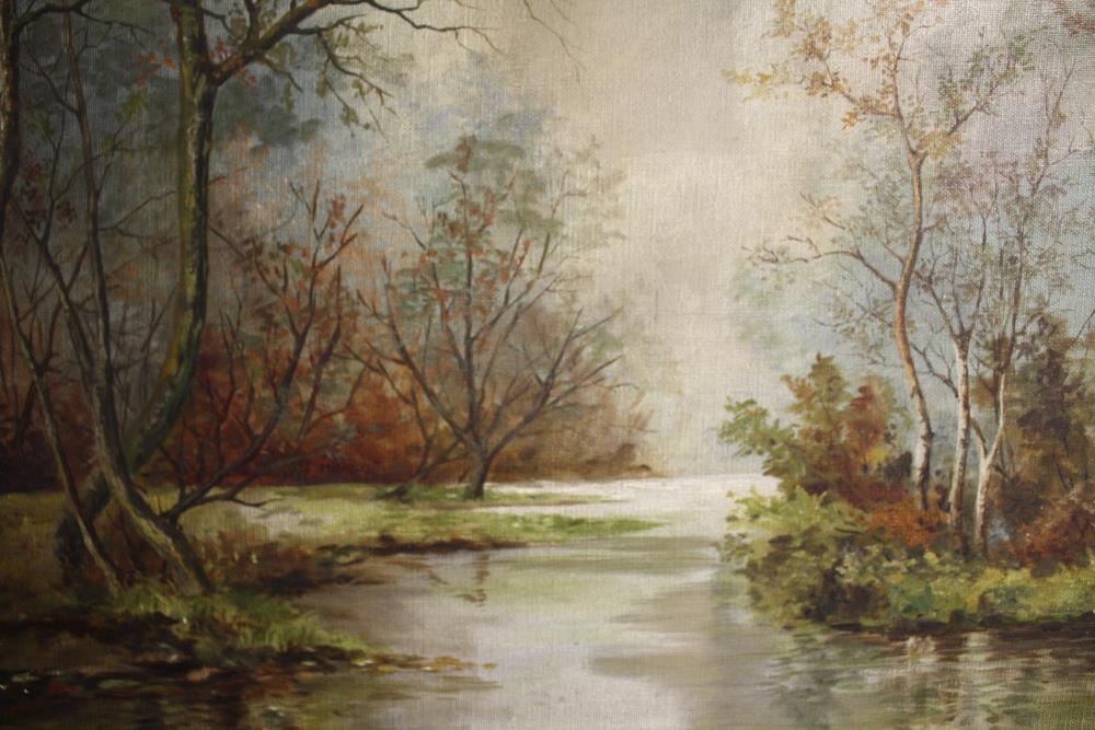 A LARGE GILT FRAMED OIL ON CANVAS DEPICTING A WOODLAND RIVER LANDSCAPE INITIALLED R G LOWER RIGHT - Image 2 of 3