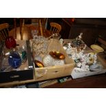 TWO TRAYS OF ASSORTED GLASSWARE TOGETHER WITH TWO TRAYS OF ASSORTED CERAMICS TO INCLUDE CAPE DI