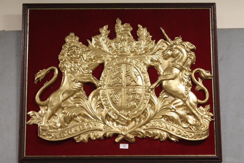 A LARGE GILT ROYAL COAT OF ARMS PLAQUE - SIZE - 94CM X 77CM