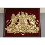 A LARGE GILT ROYAL COAT OF ARMS PLAQUE - SIZE - 94CM X 77CM