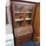 AN OAK 1930'S GLAZED BUREAU BOOKCASE H 207 CM W 104 CM