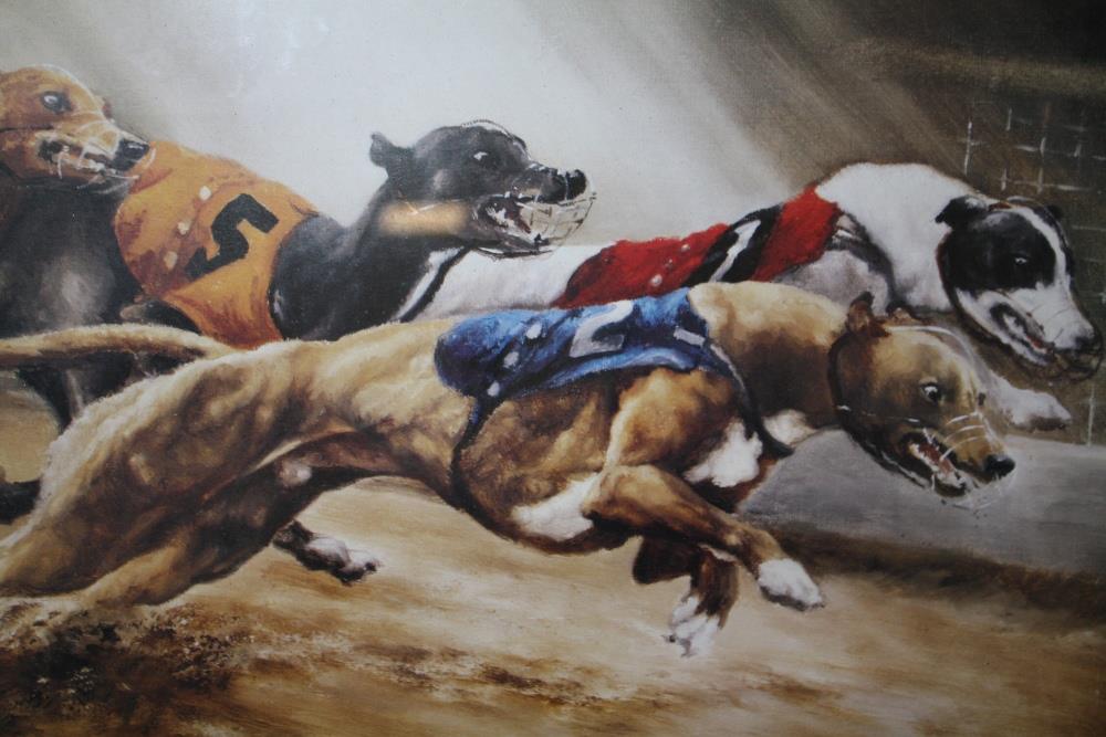 A SET OF FOUR FRAMED AND GLAZED SIGNED DOG RACING INTEREST PRINTS BY DAVID FRENCH OVERALL SIZE - Image 5 of 6