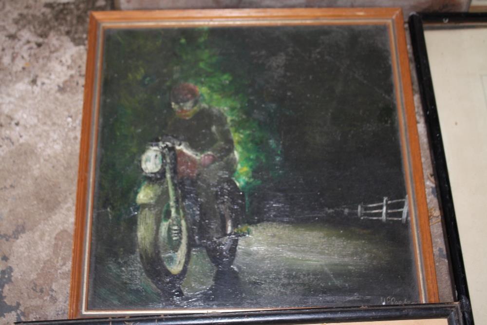 A BOX OF ASSORTED PICTURES AND PRINTS TO INCLUDE AN OIL PAINTING OF A MOTORCYCLIST, STILL LIFE OIL - Image 3 of 5