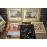 A COLLECTION OF ASSORTED PICTURES TO INCLUDE A PAIR OF SIGNED E R STURGEON PRINTS, CROSS STITCH,