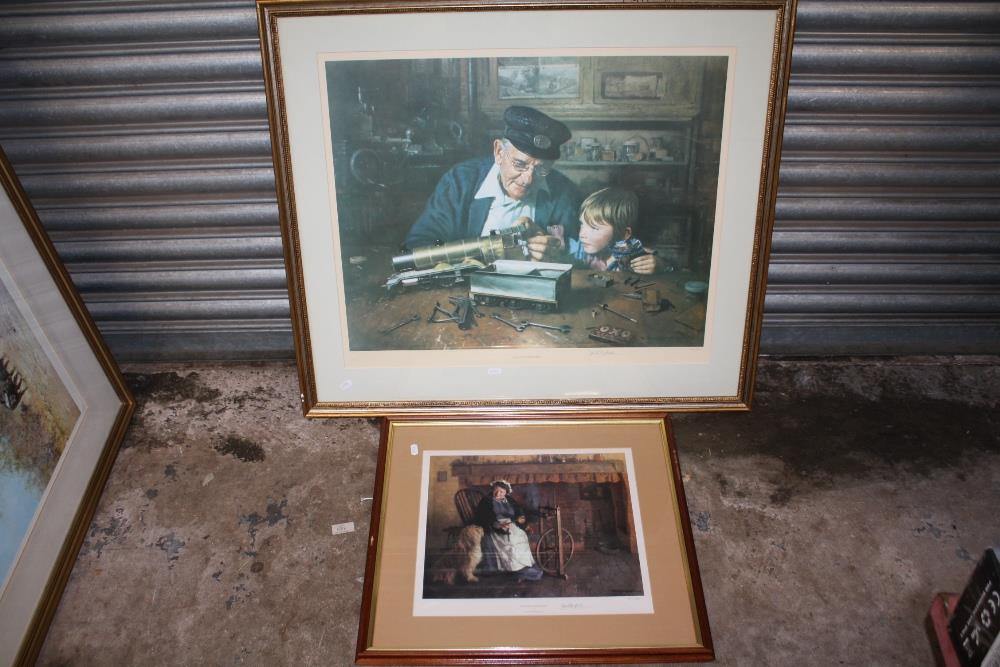 TWO FRAMED AND GLAZED SIGNED DAVID SHEPHERD PRINTS ENTITLED GRANDPAS WORKSHOP 331/350, AND COTTAGE