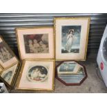 THREE FRAMED ANTIQUE STYLE PRINTS, TOGETHER WITH A MODERN MIRROR (4)