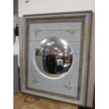 A VINTAGE PAINTED FRAMED WALL MIRROR WITH GILT FLORAL DETAIL 113 X 92 CM