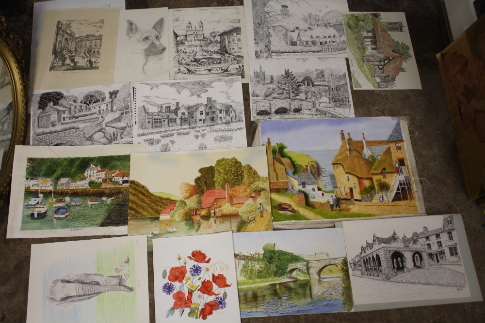 A LARGE QUANTITY OF UNFRAMED PICTURES TO INCLUDE WATERCOLOURS, PEN AND INK DRAWINGS ETC - Image 5 of 16