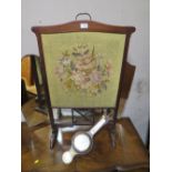 A MAHOGANY TAPESTRY FIRE SCREEN AND A SMALL BAROMETER (2)