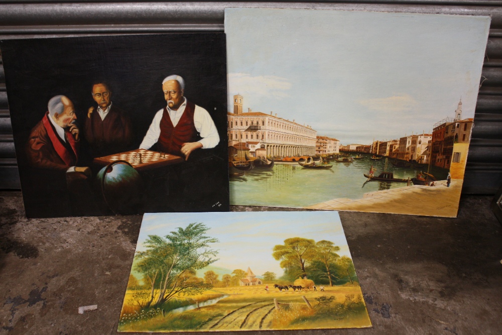 THREE UNFRAMED OIL ON BOARD PAINTINGS COMPRISED OF A CHESS GAME SCENE, A VENETIAN SCENE AND A