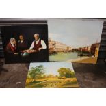 THREE UNFRAMED OIL ON BOARD PAINTINGS COMPRISED OF A CHESS GAME SCENE, A VENETIAN SCENE AND A