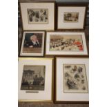 FOUR FRAMED AND GLAZED ANTIQUE HAND COLOURED JUDICIAL / COURTROOM PRINTS TOGETHER WITH TWO OTHER