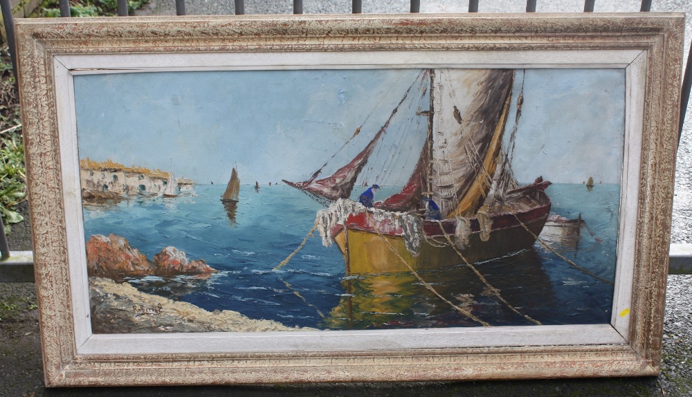 A LARGE FRAMED OIL ON CANVAS OF A HARBOURED FISHING BOAT SIGNED ROBETVAL LOWER LEFT, W 121CM X H